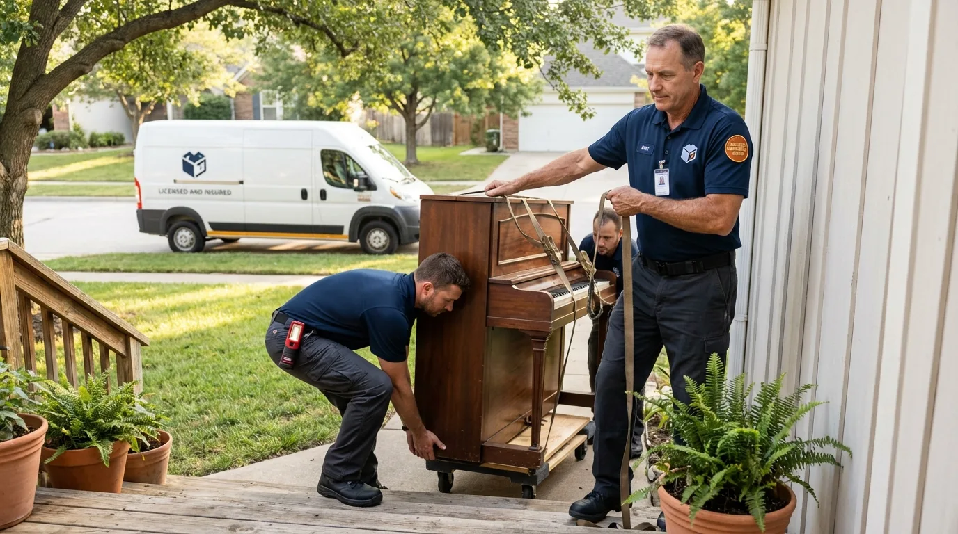 Licensed piano movers securing grand piano in Knoxville, IA