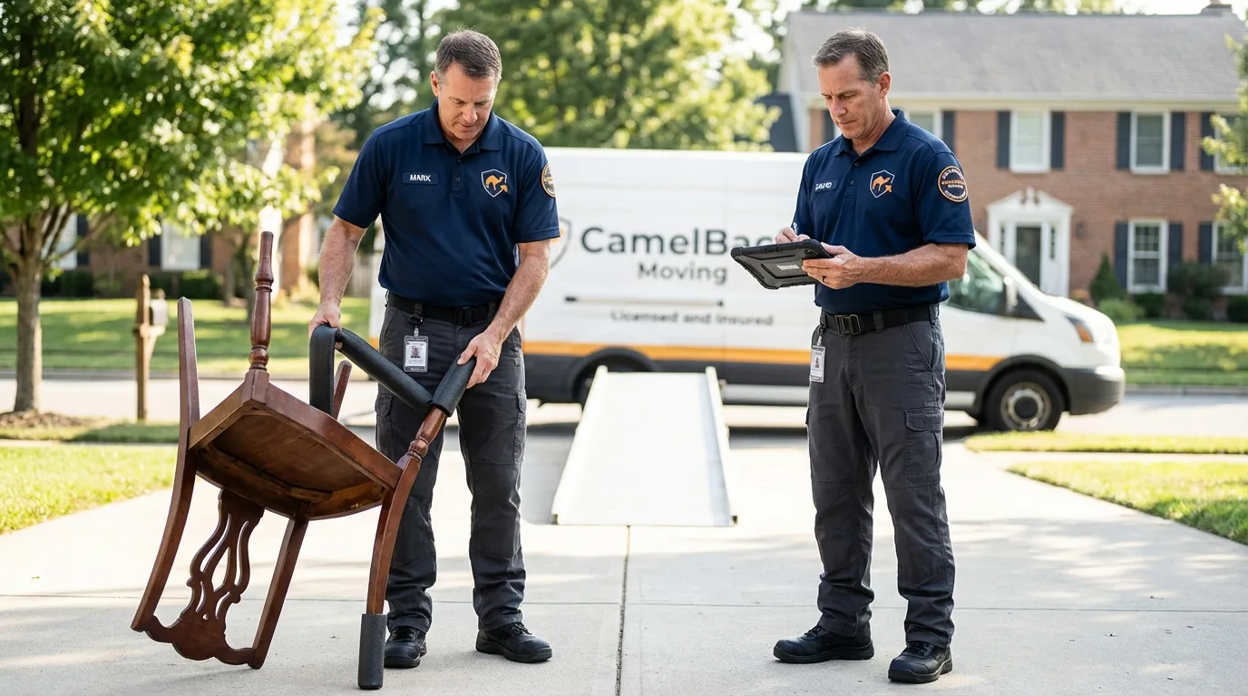 Movers inspecting furniture for damage prevention before loading in Knoxville, IA