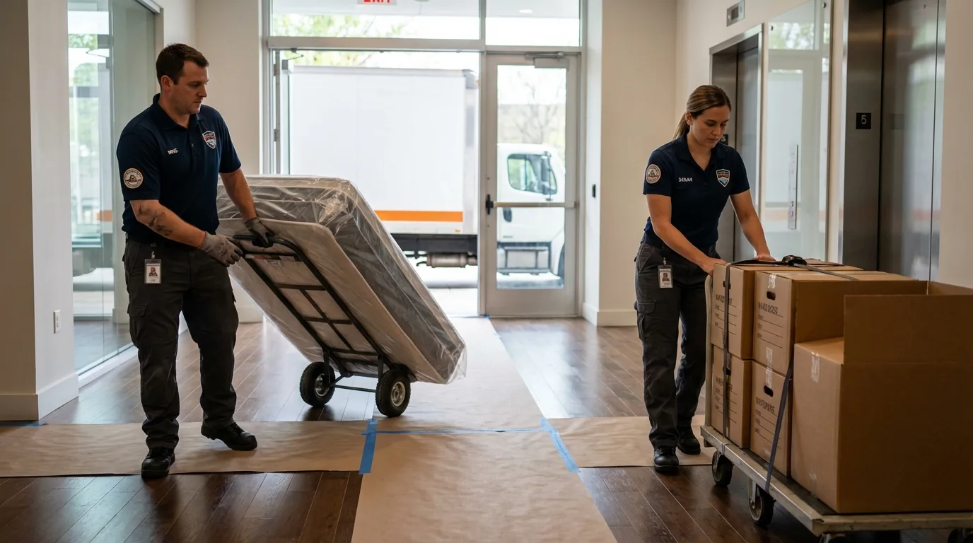 Professional apartment movers loading elevator in Knoxville, IA