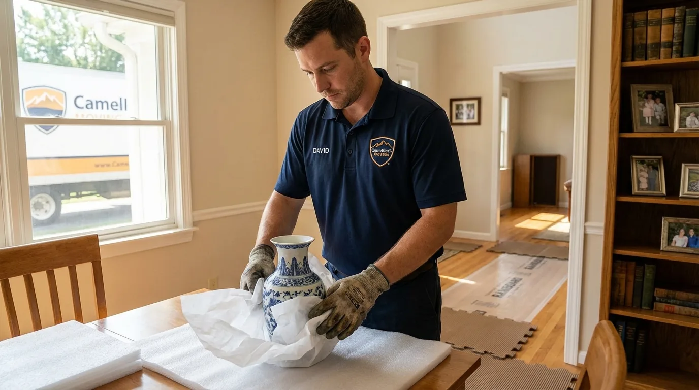 Professional crew carefully wrapping antique vase for senior downsizing move in Knoxville, IA